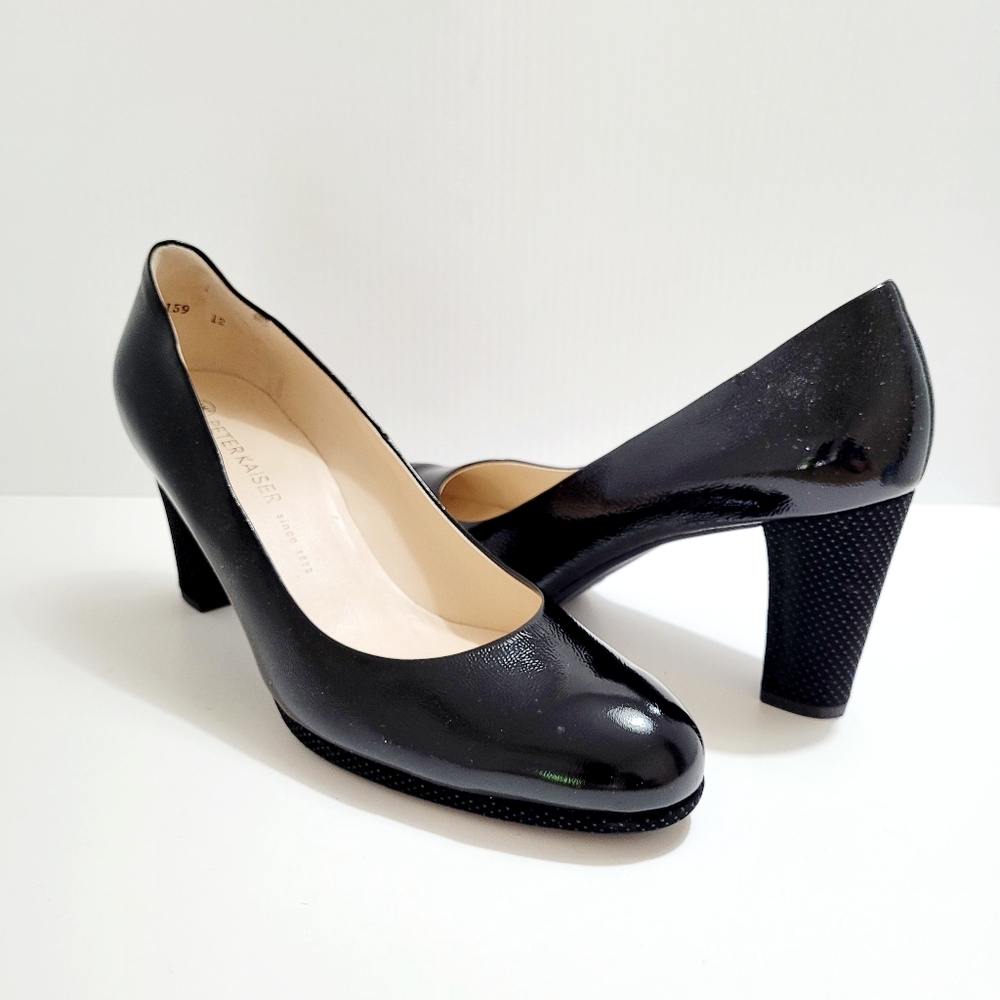 PETER KAISER Black Leather Round Toe Patent Mid Block Heels Pumps 41 10
